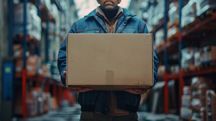 Person practicing safe lifting techniques with a box, proper posture copy space, injury prevention, dynamic, manipulation, warehouse backdrop