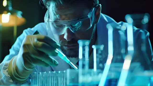 A man in a lab coat and goggles conducts experiments with beakers and test tubes in a laboratory setting