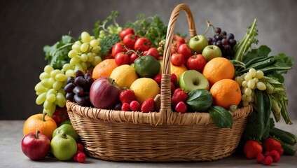 The image is a wicker basket filled with fruits and vegetables. The basket is sitting on a wooden table. There are apples, grapes, pears, and other fruits in the basket.

