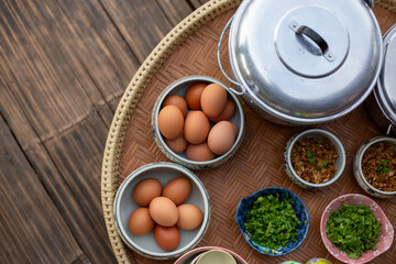Selective focus boiled chicken eggs in a breakfast bowl in a Thai mountain homestay