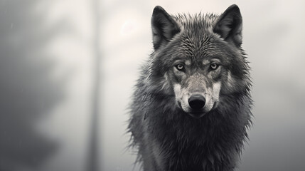 Fototapeta premium Solitary Wolf in a Misty Landscape with Minimalist Black and White Art Style