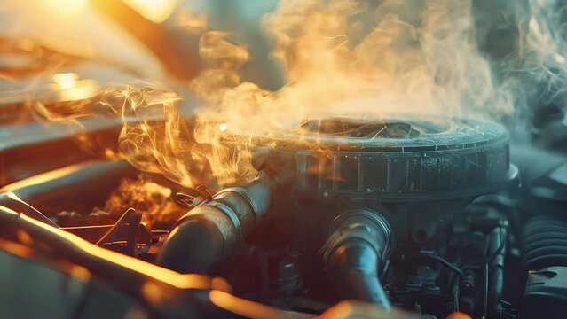 Captivating close-up showcasing a car engine billowing smoke, creating a fiery and intense visual experience