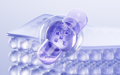 Medical capsule and transparent skin cell background, 3d rendering.