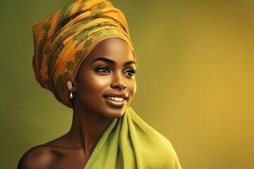 Olive background Happy black independant powerful Woman Portrait of young beautiful Smiling girl good mood Isolated on Background Skin Care Face Beauty Product