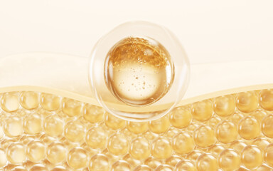Golden bubble and transparent skin cell background, 3d rendering.