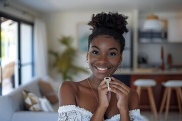 Strong African American Woman Realtor Holding Keys in Stylish Modern Family Home