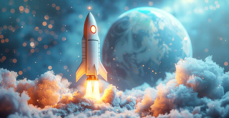 Fototapeta premium A rocket takes off from the ground, gaining speed and altitude as it ascends towards the sky in a powerful and dynamic display.