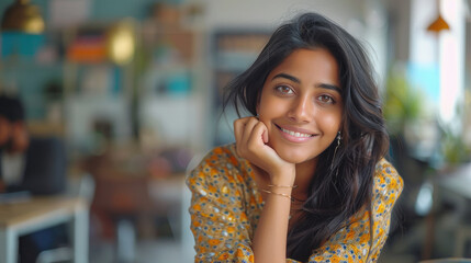 smiling Indian woman in office sitting on her desk