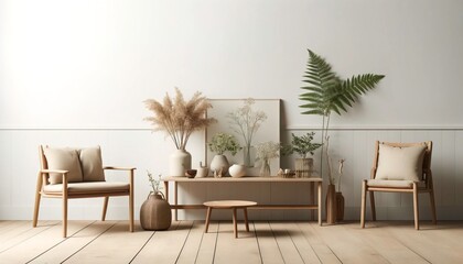  A minimalist interior featuring a wooden table with potted plants, surrounded by wooden furniture and earth-tone walls, creating a serene and cozy atmosphere that highlights the beauty of simplicity 