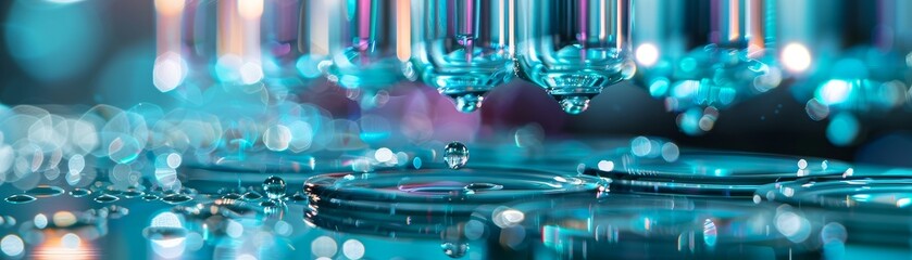 Close-up of water drops falling on a reflective surface, creating ripples. The image is in cool tones of blue and teal.