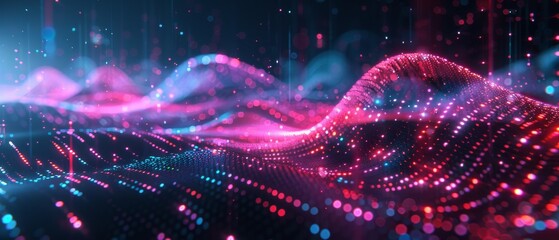 Obraz premium Futuristic glowing data wave, abstract technology background with vibrant neon colors and dynamic digital particles in motion.