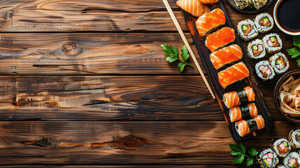 Food delivery. Delicious sushi rolls served on wooden