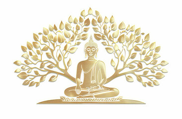 Fototapeta premium A golden Buddha statue with a tree of life behind it, in the style of a vector illustration on a white background