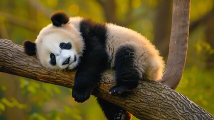 Obraz premium Cub of giant panda bear playing on tree