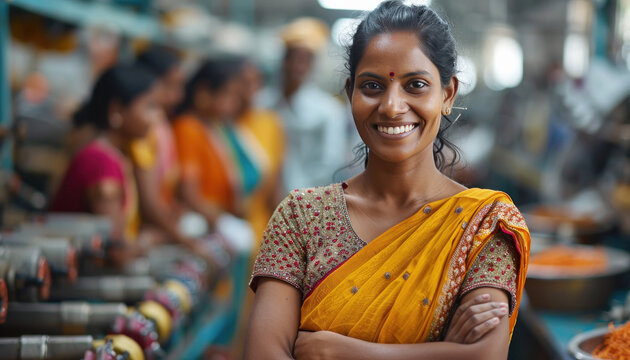 indian rural women group standing confidently at factory