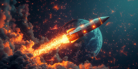 A space shuttle swiftly flies through the sky, leaving a trail of exhaust behind it as it journeys into outer space.