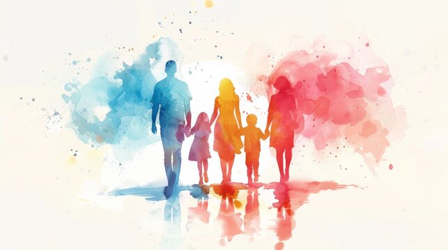 Minimalist watercolor cartoon of an LGBTQ family, using simple shapes and a light, airy color scheme to convey love and unity Generative AI