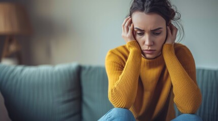 Obraz premium A distressed young woman sits on a couch, her hands on her temples, embodying a moment of anxiety or stress.