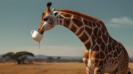 A giraffe drinking from a tiny coffee cup