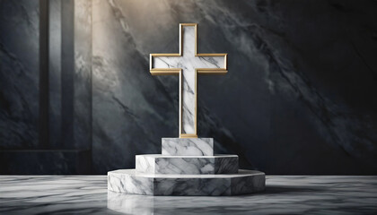 marble cross atop a polished marble podium, set against a blurred dark background. Perfect for themes of spirituality, faith, and reverence. Ideal for religious and memorial contexts