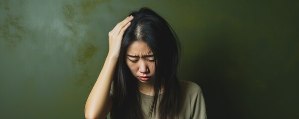 Olive background sad Asian Woman Portrait of young beautiful bad mood expression Woman Isolated on Background depression anxiety fear burn out health issue problem mental