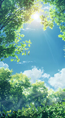 Sunlight shining through lush green trees and leaves on blue sky background