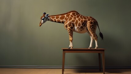 A giraffe carefully balancing on a stool to reach a tiny coffee cup
