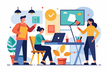 Fototapeta premium Design studio concept with people scene woman and man drawing elements and graphics designers team flat illustration