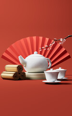 Chinese style teapot and teacup, 3d rendering.