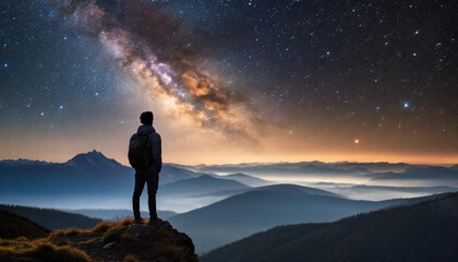 Silhouette of man on mountain peak under starry sky, reflecting contemplation and wonder of the universe
