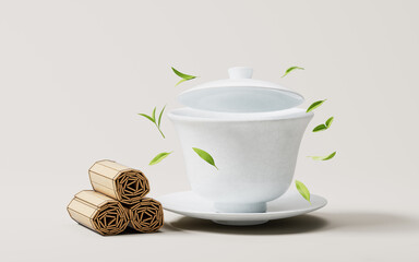 Chinese ancient teapot and teacup with tea leaves, 3d rendering.