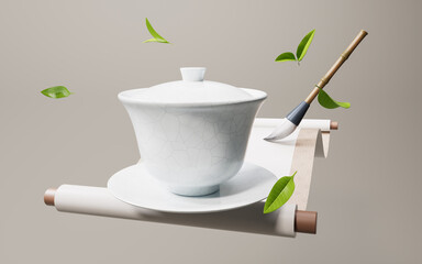 Chinese ancient teapot and teacup with tea leaves, 3d rendering.