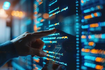 AI Artificial intelligence with hologram technology concept, businesswoman touch AI digital marketing, Big data, futuristic business, coding software development on the interface,IoT and innovation. P