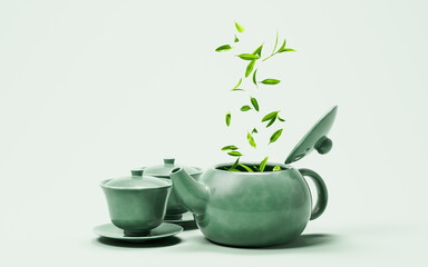 Chinese ancient teapot and teacup with tea leaves, 3d rendering.