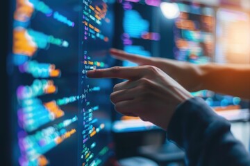 AI Artificial intelligence with hologram technology concept, businesswoman touch AI digital marketing, Big data, futuristic business, coding software development on the interface,IoT and innovation. P