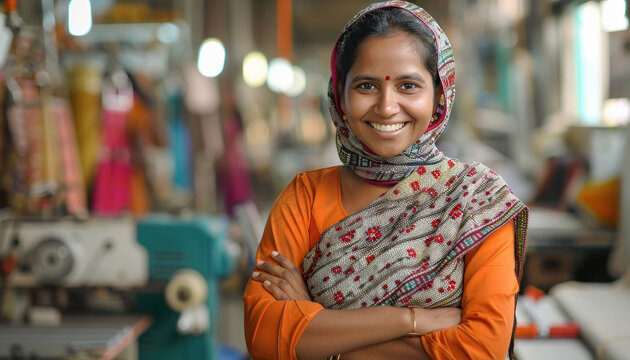 Indian woman standing confidently at sewing factory
