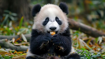 Obraz premium Cute panda life in park with close up view during eating