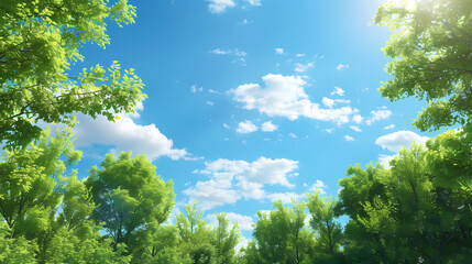 Obraz premium Sunlight shining through lush green trees and leaves on blue sky background