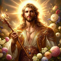 Baldr, the Norse god of light and purity known for his beauty and goodness, in a celestial glow that radiates warmth and divinity. Golden armor. Golden staff. Flowers. Peaceful aura. Generative AI