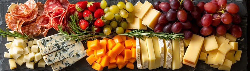 A beautifully arranged gourmet charcuterie board featuring a variety of cheeses, fresh fruits, cured meats, and herbs, perfect for entertaining and gatherings.