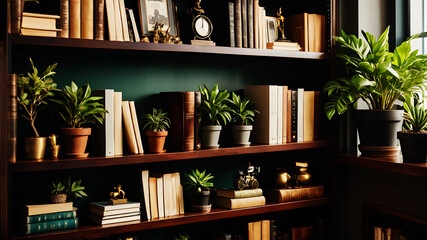 Fototapeta premium A sophisticated bookshelf filled with industry-relevant books, awards, and a few tasteful decor items. Organized books, certificates, small plants, and picture frames.