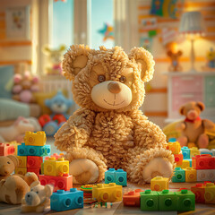  fluffy teddy bear sitting  colorful assortment of toy blocks ,  toys on the floor. 