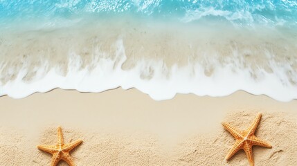 Peaceful sandy beach with two starfish and gentle ocean waves. Perfect for summer and vacation themes.