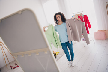 Portrait of pretty young girl hands hold clothes hanger look decide mirror apartment indoors