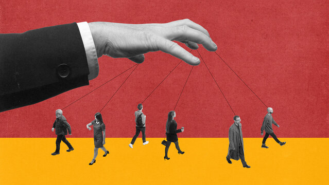 Gina hands in business suit holding string connecting to people, showcasing manipulation, pressure and control of society. Contemporary art. Propaganda, information, social pressure. Creative design