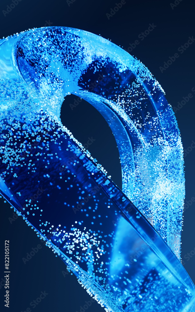 Poster Glass geometry and flowing particles, 3d rendering.