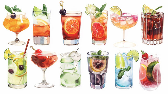 Set of cocktails, summer drinks watercolor clipart. Vector illustration on white background,