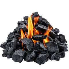 Charcoals with fire flame isolated on white background