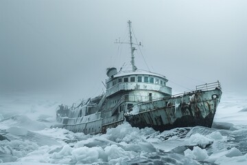 An abandoned ship frozen in the ice.