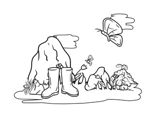 Coloring book for children with spring nature, stones, grass, flowers and rubber boots. Black and white vector image